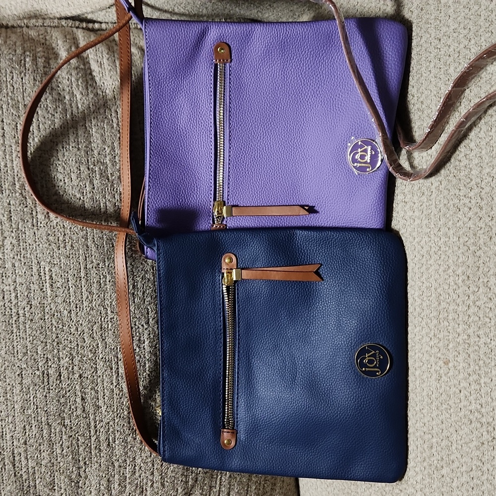 2 Joy Mangano Crossbody Purses Purple and Blue And 1 Blue Tote Style Purse